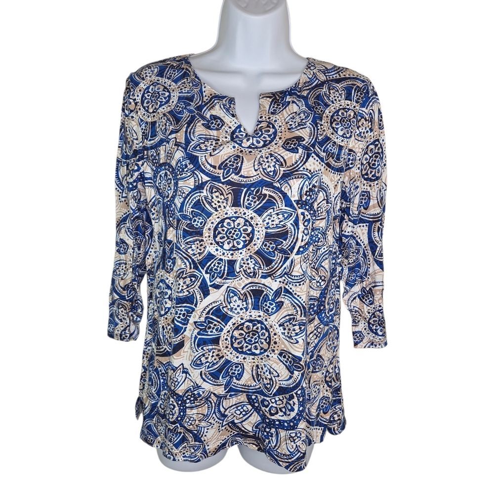 Chico's Blue and Cream Floral Blouse Top Size 1 Medium